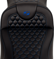 SADDLEMEN RoadSofa™ Seat - Honeycomb - Blue Stitch - Extended Reach - without Backrest - FLH/FLT '08-'24 808-07B-19001