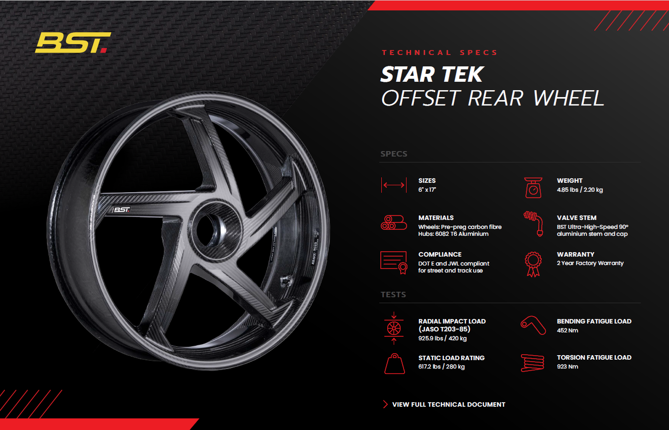 BST Star TEK Carbon Fiber Rear Wheel for the Ducati 1299 / 1199 / V4 /V2 Panigale, 1098 / 1198, Streetfighter 1098/V4/V2, Supersport, Multistrada 1200, 1260, V4 Pikes Peak, Monster 1200, and Norton V4SV / V4CR - 6.0 x 17