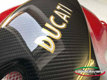 CARBONVANI - DUCATI MONSTER M696 / M796 / M1100 CARBON FIBER RED TWILL W/ CLASSIC LOGO IN WHITE AND GOLD FUEL TANK SIDE PANELS KIT