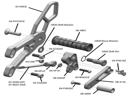WOODCRAFT Yamaha R3 (2015) Adjustable  Standard Shift Rearset Assembly Complete W/Shift & Brake Pedal  Black