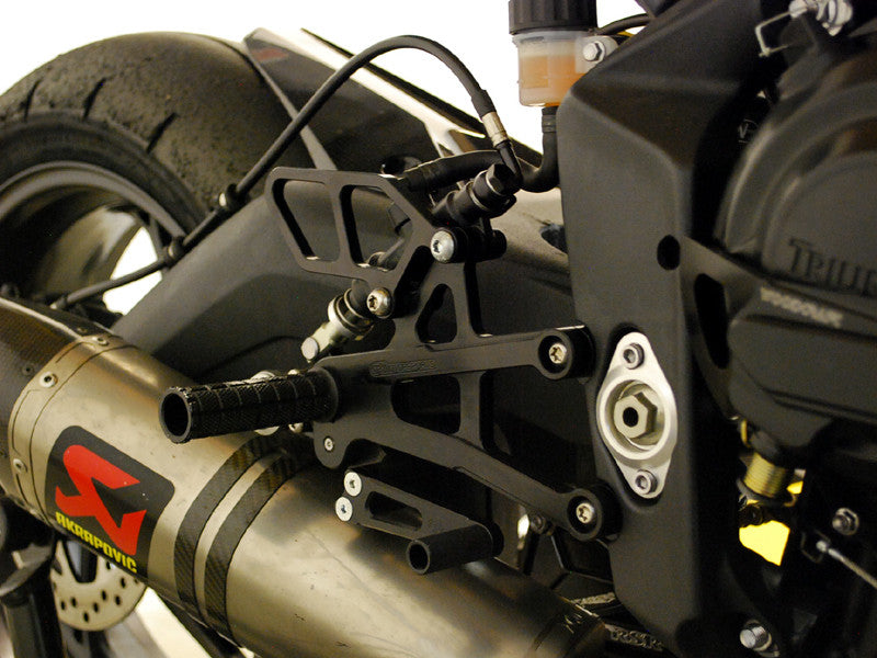 WOODCRAFT Triumph Daytona 675 (13-18) Complete Rearset Kit  GP Shift with Shift and Brake Pedals  BLACK - for use without a quickshifter - RACE USE ONLY