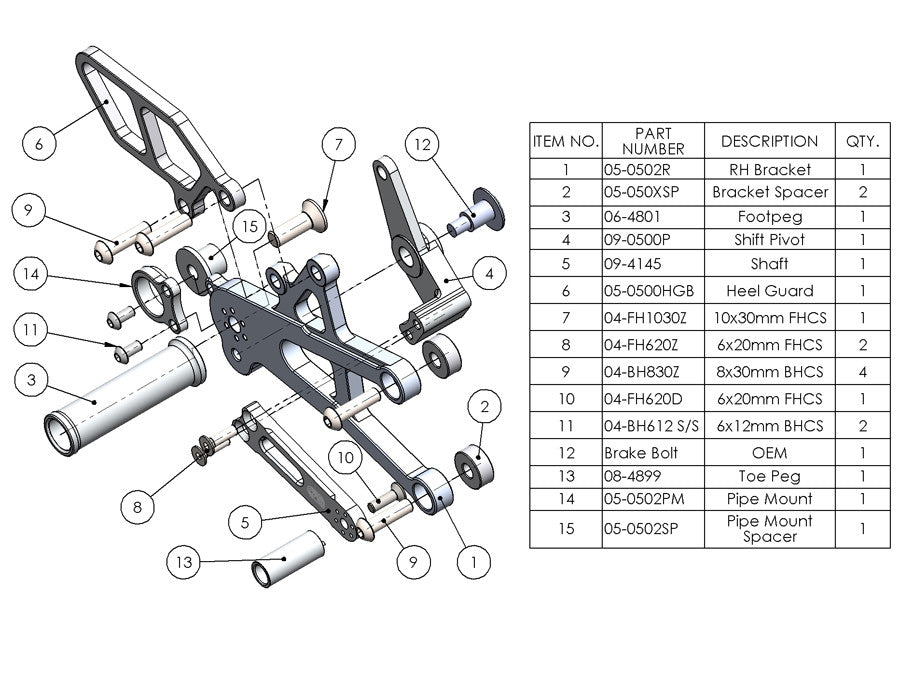 WOODCRAFT Triumph 06-12  Daytona 675 / R  Street Triple Rearset Kit  GP Shift  RACE USE ONLY - Complete with Shift and Brake Pedals  BLACK