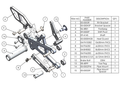 WOODCRAFT Triumph 06-12  Daytona 675 / R  Street Triple Rearset Kit  GP Shift  RACE USE ONLY - Complete with Shift and Brake Pedals  BLACK