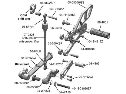 WOODCRAFT Triumph Street Triple 13-16 (NO Q/S) Complete Standard Shift Rearset Kit  with Shift and Brake Pedals  BLACK