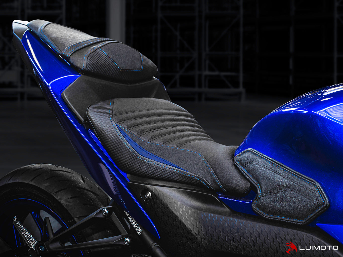 LUIMOTO RACE Passenger Seat Covers for the YAMAHA YZF-R3 (2015+), YZF-R25 (2015+), and MT-03 (2020+)