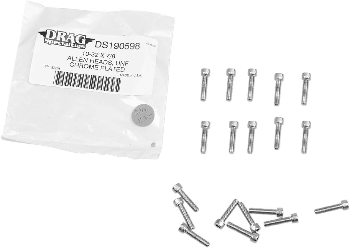 DRAG SPECIALTIES Bolts - Socket-Head - Replacement - Knurled/Fine Thread - #10-32 x 7/8" - 10 Pack MPB203