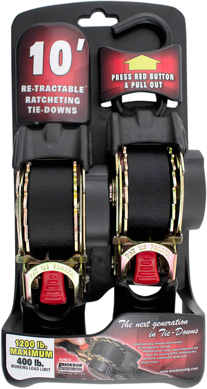 ERICKSON Retractable Ratchet Tie-Downs - 10' - Black 34415