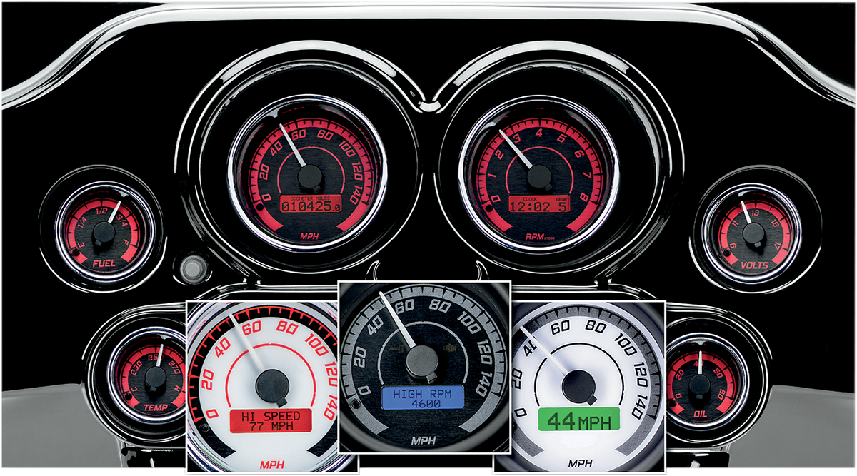 DAKOTA DIGITAL MVX-8K Series Analog/Digital 6-Gauge Kit - Chrome Bezel - Black Face with Gray Background MVX -8604-KG-C