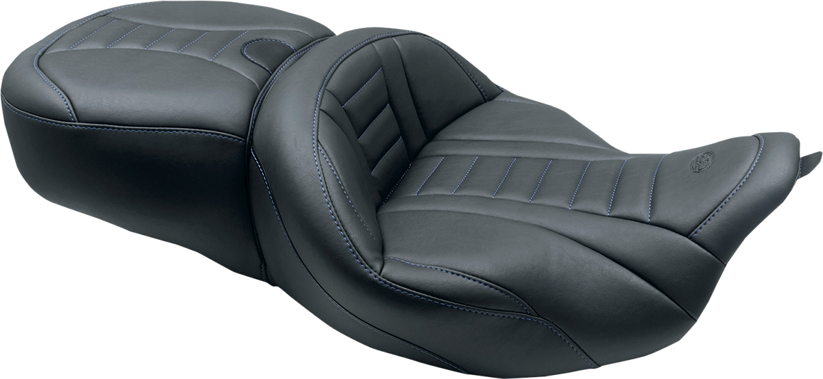 MUSTANG One-Piece Deluxe Touring Seat - Black w/ Sky Blue Stitching - FL '08-'25 79006SB