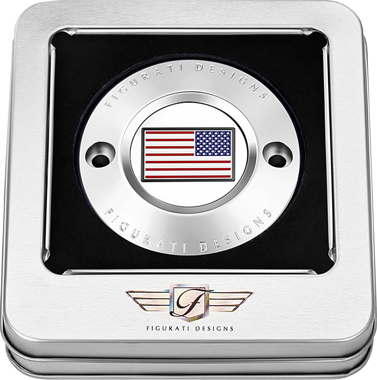 FIGURATI DESIGNS Timing Cover - 2 Hole - American Flag - Reversed - Stainless Steel FD20-TC-2H-SS