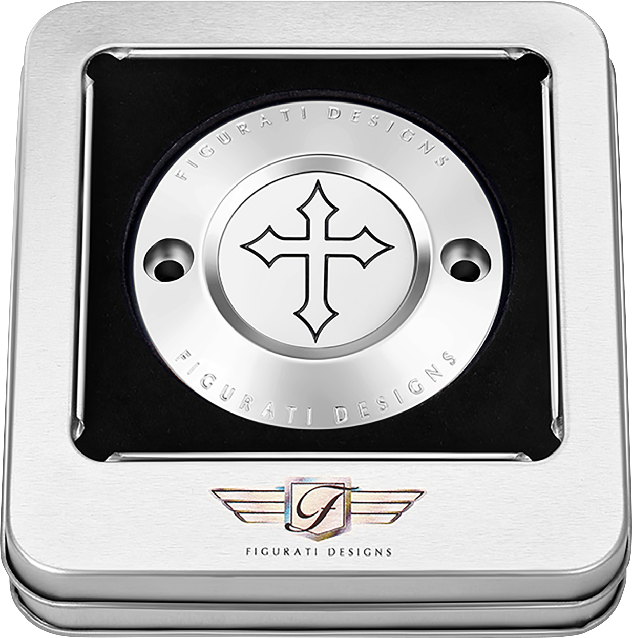 FIGURATI DESIGNS Timing Cover - 2 Hole - Cross - Stainless Steel FD41-TC-2H-SS
