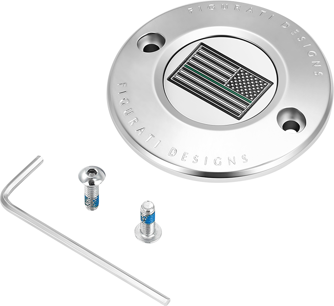 FIGURATI DESIGNS Timing Cover - 2 Hole - Green Line American Flag - Stainless Steel FD72-TC-2H-SS