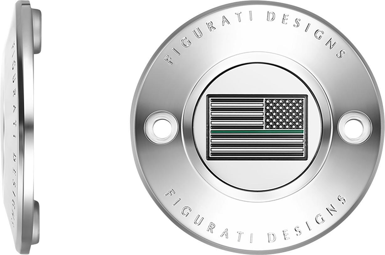 FIGURATI DESIGNS Timing Cover - 2 Hole - Green Line American Flag - Stainless Steel FD72-TC-2H-SS