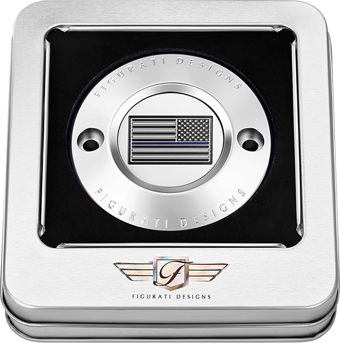 FIGURATI DESIGNS Timing Cover - 2 Hole - Blue Line American Flag - Stainless Steel FD70-TC-2H-SS