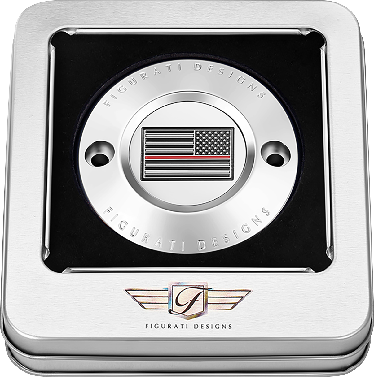FIGURATI DESIGNS Timing Cover - 2 Hole - Red Line American Flag - Stainless Steel FD73-TC-2H-SS