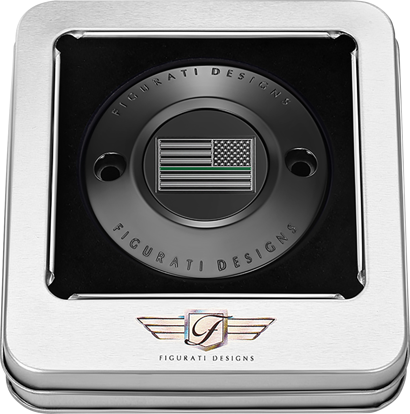 FIGURATI DESIGNS Timing Cover - 2 Hole - Green Line American Flag - Black FD72-TC-2H-BLK