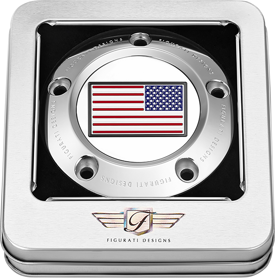 FIGURATI DESIGNS Timing Cover - 5 Hole - American Flag - Reversed - Stainless Steel FD20-TC-5H-SS