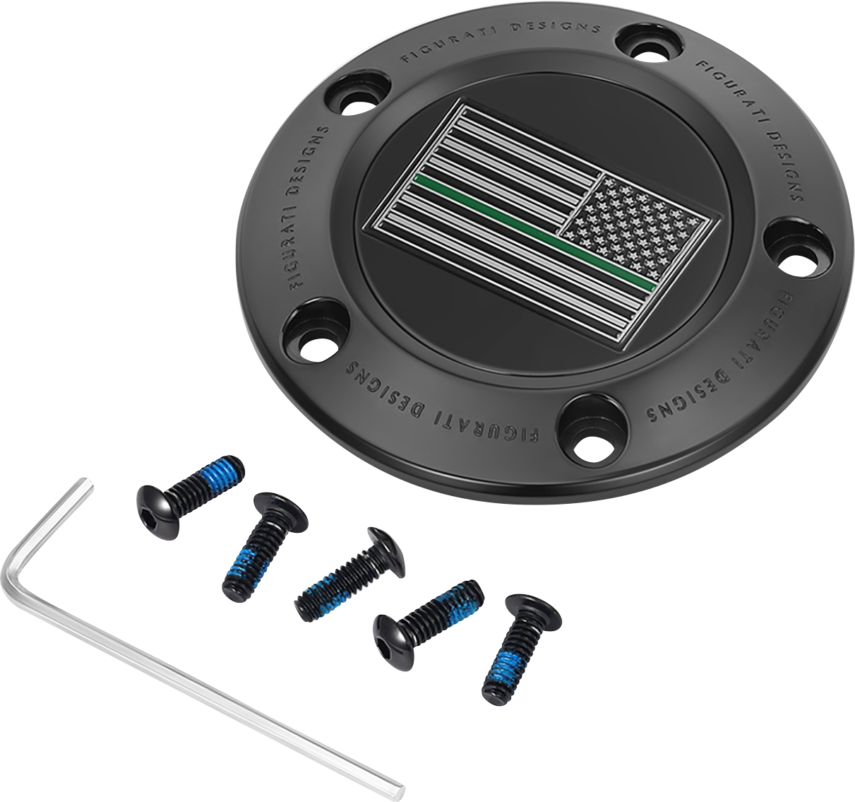 FIGURATI DESIGNS Timing Cover - 5 Hole - Green Line American Flag - Black FD72-TC-5H-BLK