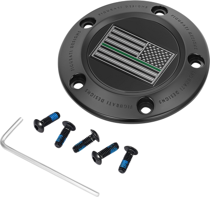 FIGURATI DESIGNS Timing Cover - 5 Hole - Green Line American Flag - Black FD72-TC-5H-BLK