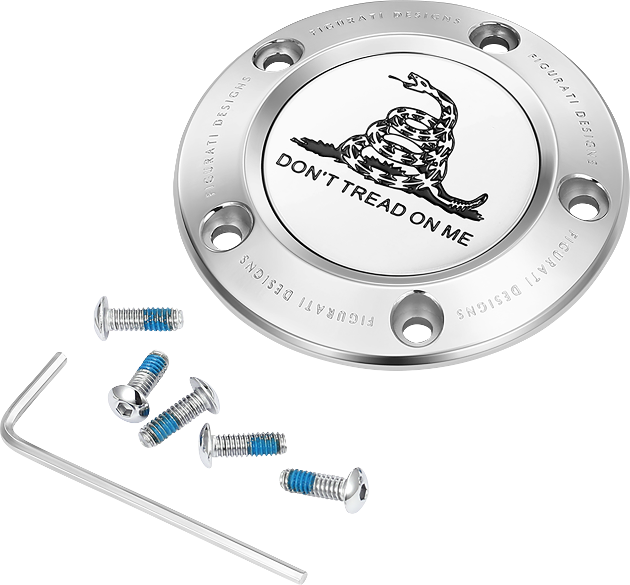 FIGURATI DESIGNS Timing Cover - 5 Hole - Don't Tread on Me - Stainless Steel FD40-TC-5H-SS