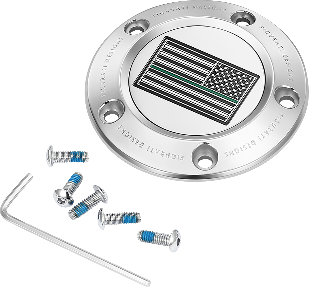 FIGURATI DESIGNS Timing Cover - 5 Hole - Green Line American Flag - Stainless Steel FD72-TC-5H-SS