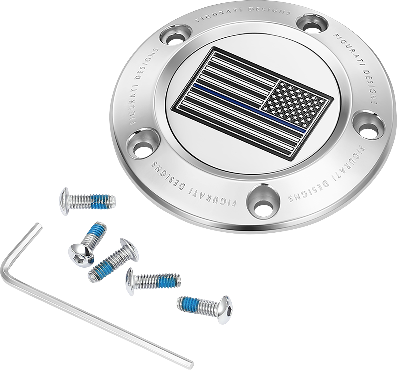 FIGURATI DESIGNS Timing Cover - 5 Hole - Blue Line American Flag - Stainless Steel FD70-TC-5H-SS