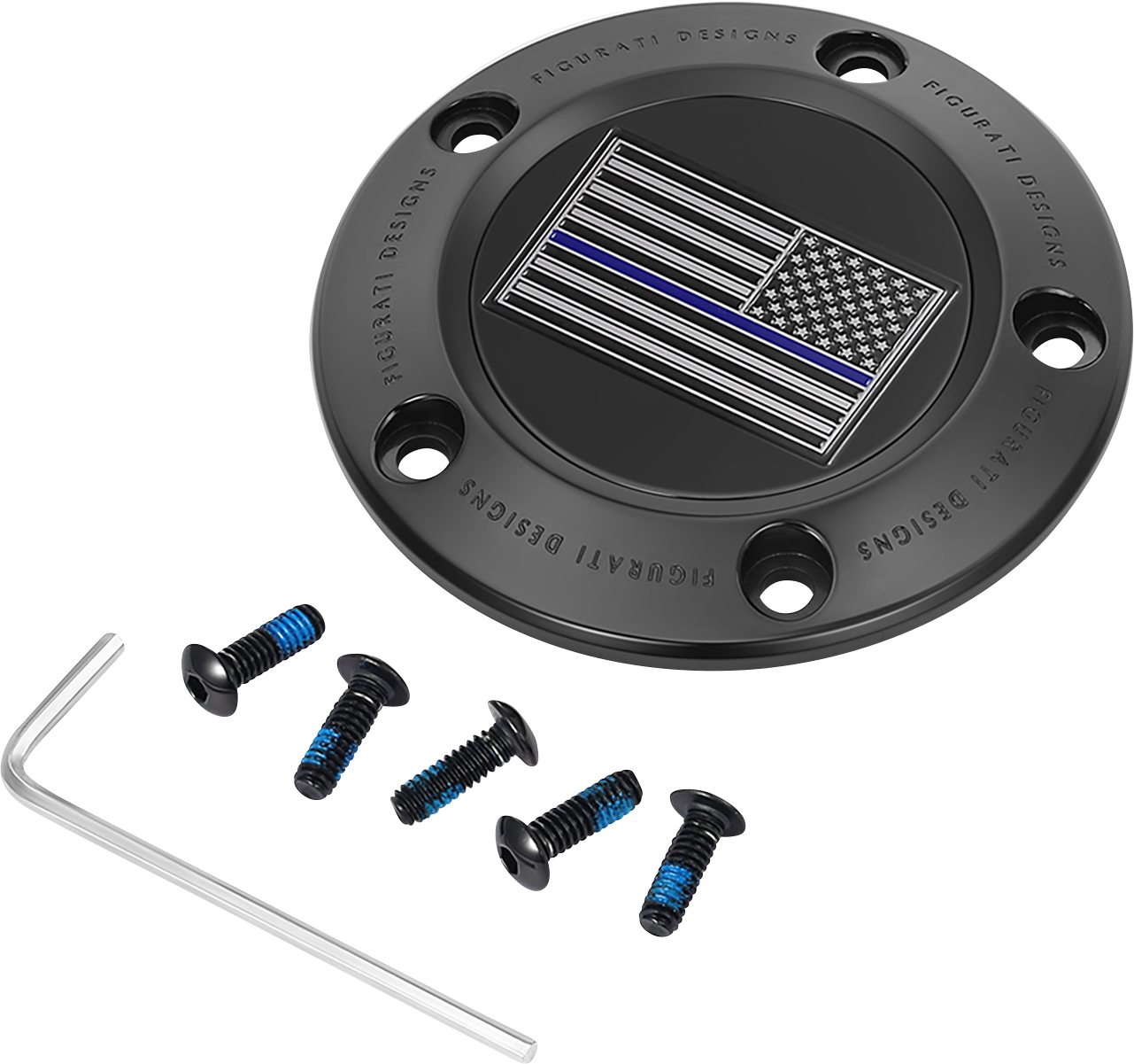 FIGURATI DESIGNS Timing Cover - 5 Hole - Blue Line American Flag - Black FD71-TC-5H-BLK