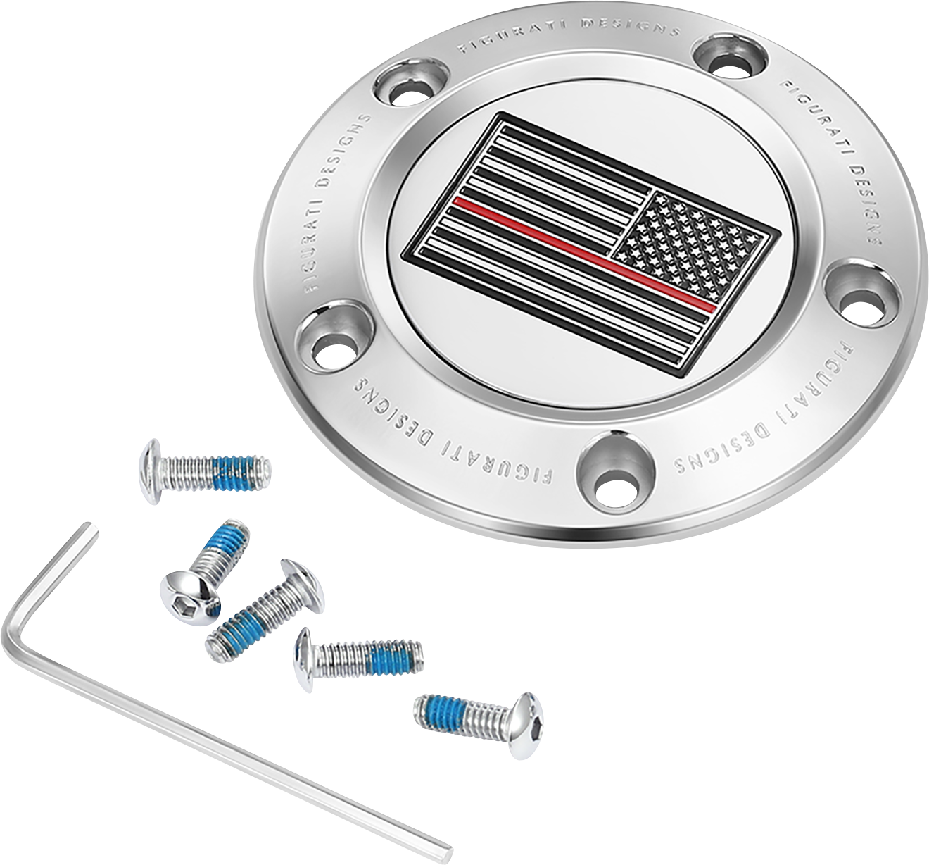 FIGURATI DESIGNS Timing Cover - 5 Hole - Red Line American Flag - Stainless Steel FD73-TC-5H-SS