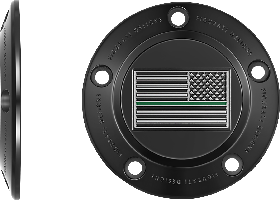 FIGURATI DESIGNS Timing Cover - 5 Hole - Green Line American Flag - Black FD72-TC-5H-BLK