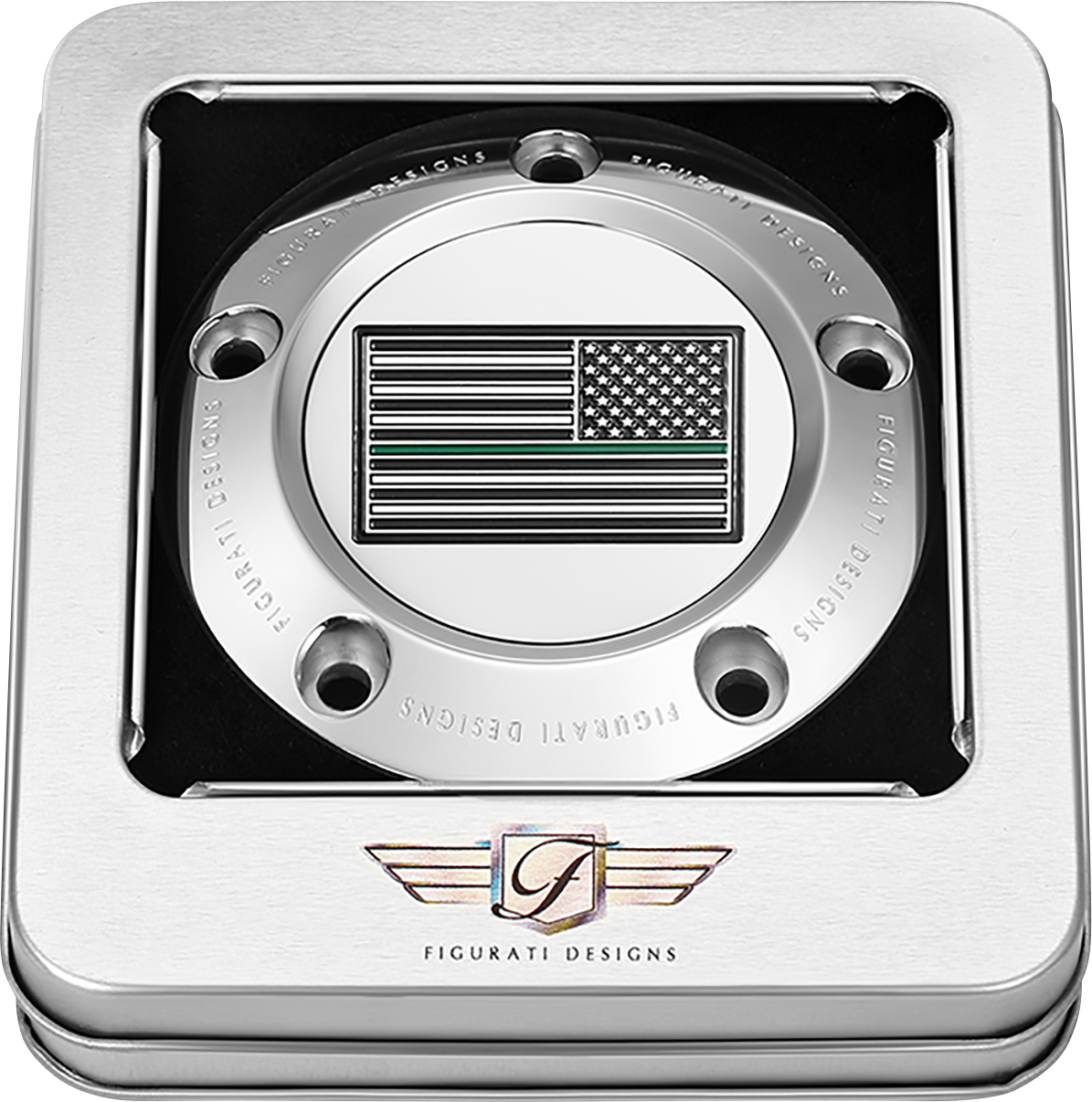 FIGURATI DESIGNS Timing Cover - 5 Hole - Green Line American Flag - Stainless Steel FD72-TC-5H-SS