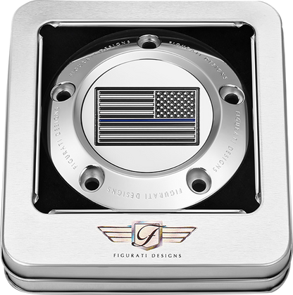 FIGURATI DESIGNS Timing Cover - 5 Hole - Blue Line American Flag - Stainless Steel FD70-TC-5H-SS