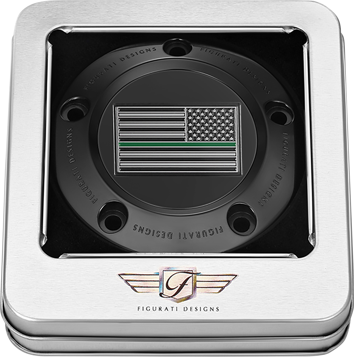 FIGURATI DESIGNS Timing Cover - 5 Hole - Green Line American Flag - Black FD72-TC-5H-BLK