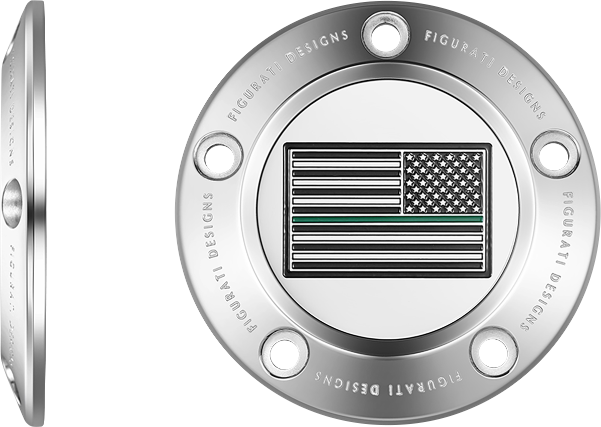 FIGURATI DESIGNS Timing Cover - 5 Hole - Green Line American Flag - Stainless Steel FD72-TC-5H-SS