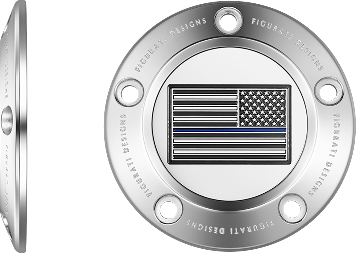 FIGURATI DESIGNS Timing Cover - 5 Hole - Blue Line American Flag - Stainless Steel FD70-TC-5H-SS
