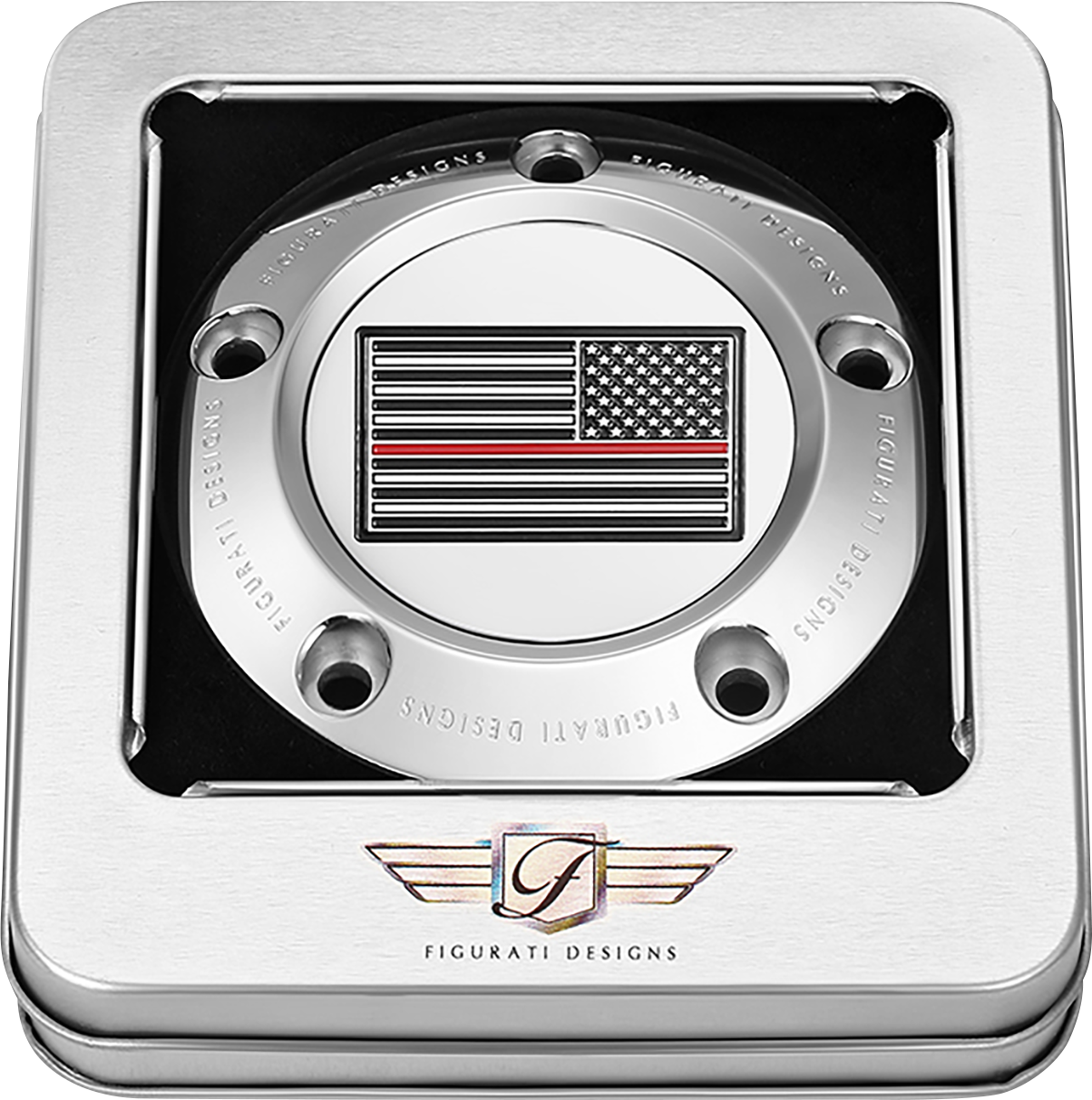 FIGURATI DESIGNS Timing Cover - 5 Hole - Red Line American Flag - Stainless Steel FD73-TC-5H-SS