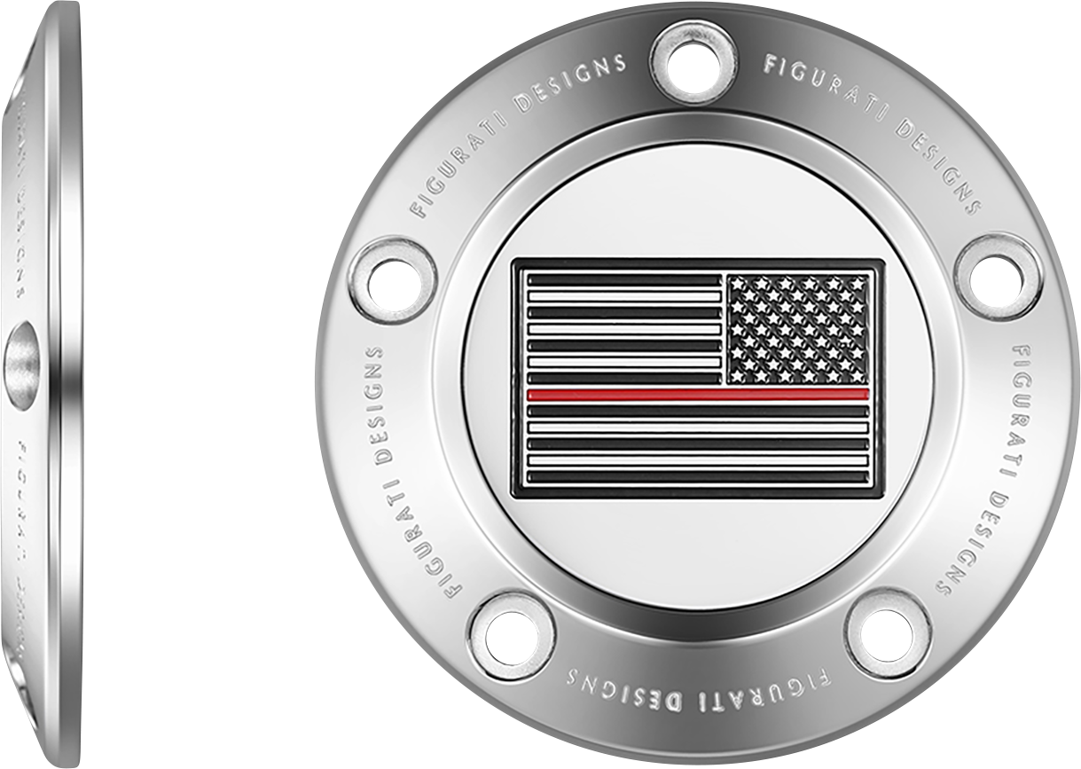 FIGURATI DESIGNS Timing Cover - 5 Hole - Red Line American Flag - Stainless Steel FD73-TC-5H-SS