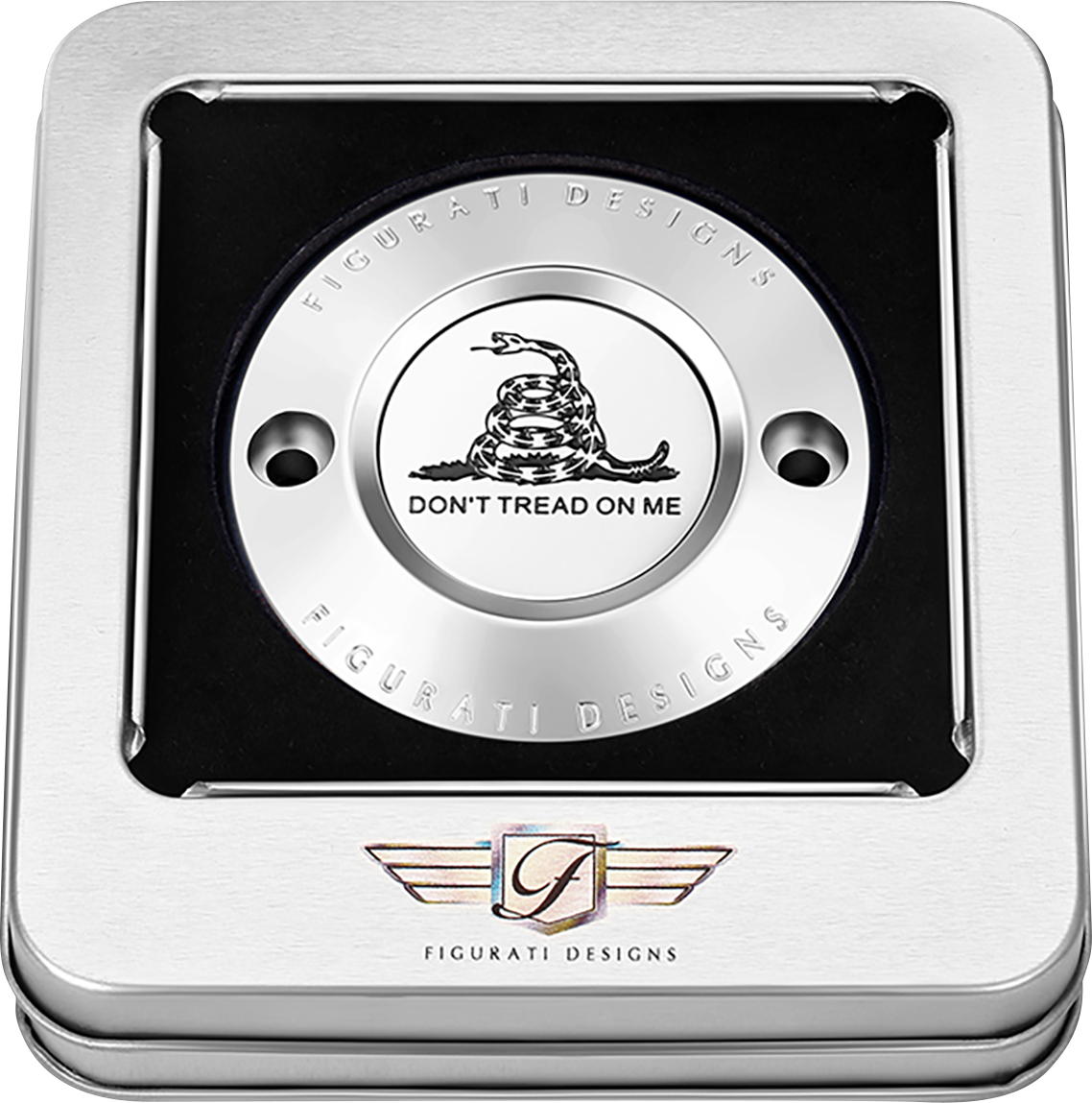 FIGURATI DESIGNS Timing Cover - 2 Hole - Don't Tread on Me - Stainless Steel FD40-TC-2H-SS