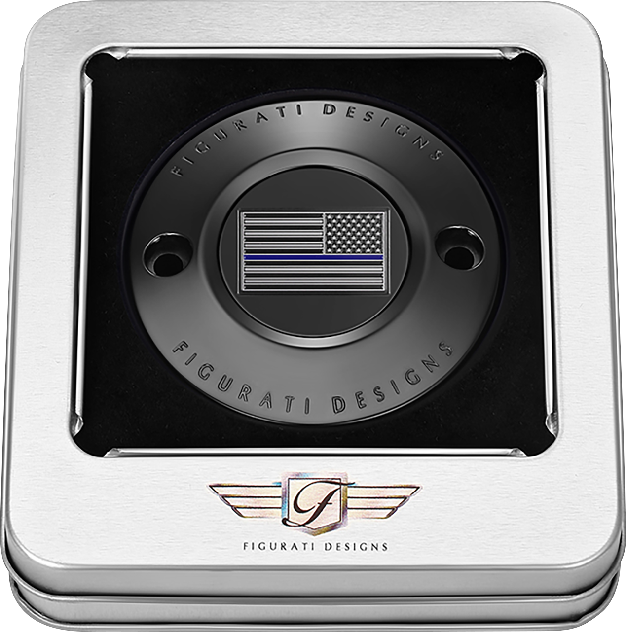 FIGURATI DESIGNS Timing Cover - 2 Hole - Blue Line American Flag - Black FD71-TC-2H-BLK