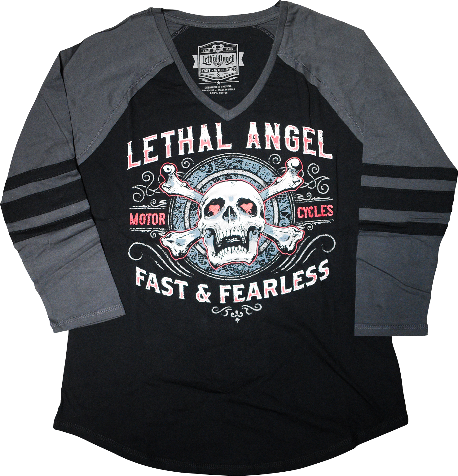 LETHAL THREAT Women's Fast & Fearless Raglan Sleeve Shirt - Black/Gray - 1XL LA70203-1X