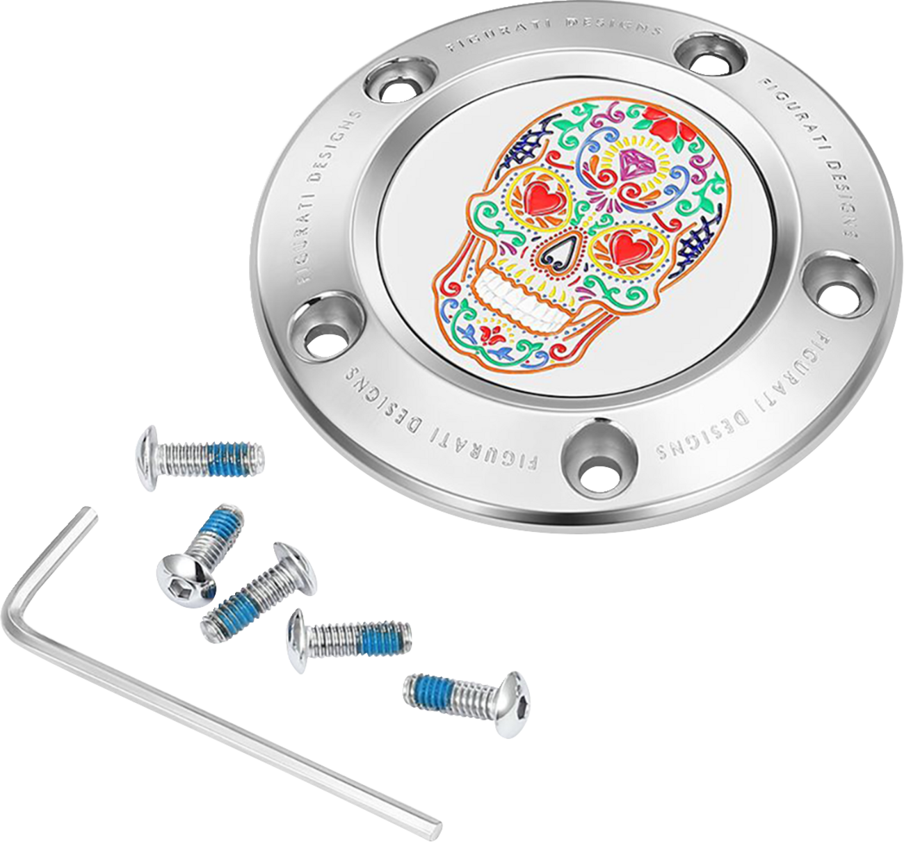 FIGURATI DESIGNS Timing Cover - 5 Hole - Sugar Skull - Mirror Polished - Stainless Steel FD30-TC-5H-SS
