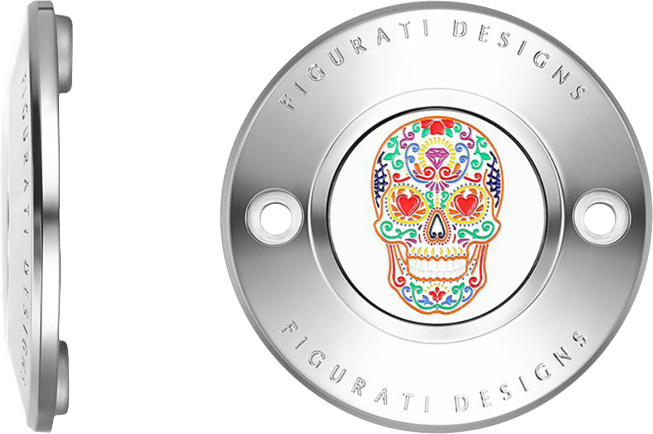 FIGURATI DESIGNS Timing Cover - 2 Hole - Sugar Skull - Mirror Polished - Stainless Steel FD30-TC-2H-SS