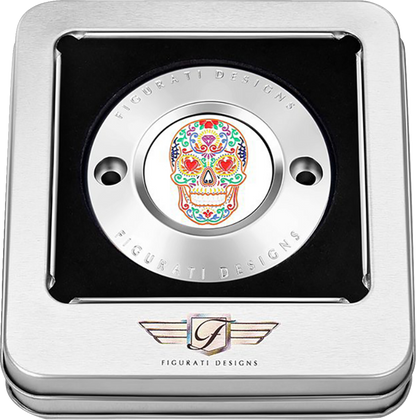 FIGURATI DESIGNS Timing Cover - 2 Hole - Sugar Skull - Mirror Polished - Stainless Steel FD30-TC-2H-SS