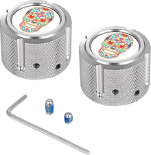 FIGURATI DESIGNS Axle Nut Cover - Front - Stainless Steel - Sugar Skull - Silver FD30-FAC-SS