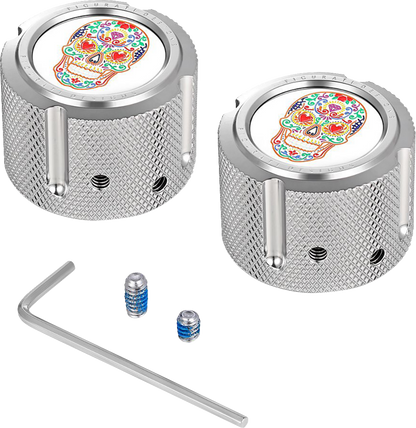 FIGURATI DESIGNS Axle Nut Cover - Front - Stainless Steel - Sugar Skull - Silver FD30-FAC-SS