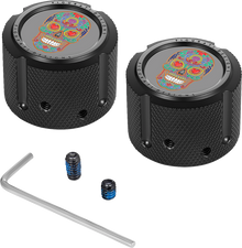 FIGURATI DESIGNS Axle Nut Cover - Front - Stainless Steel - Sugar Skull - Black FD30-FAC-BLK