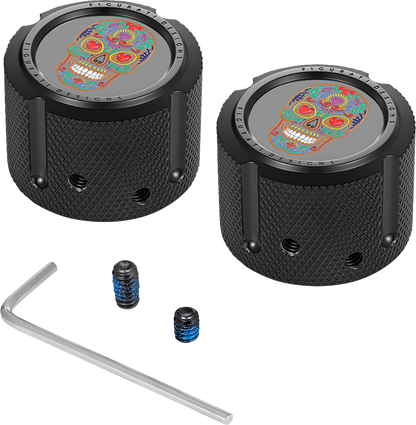 FIGURATI DESIGNS Axle Nut Cover - Front - Stainless Steel - Sugar Skull - Black FD30-FAC-BLK