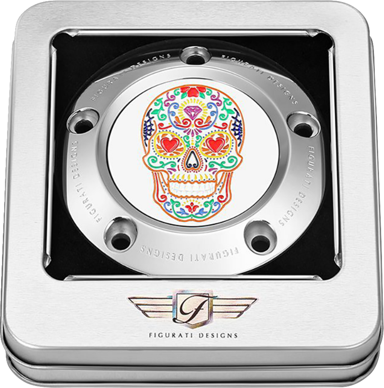 FIGURATI DESIGNS Timing Cover - 5 Hole - Sugar Skull - Mirror Polished - Stainless Steel FD30-TC-5H-SS