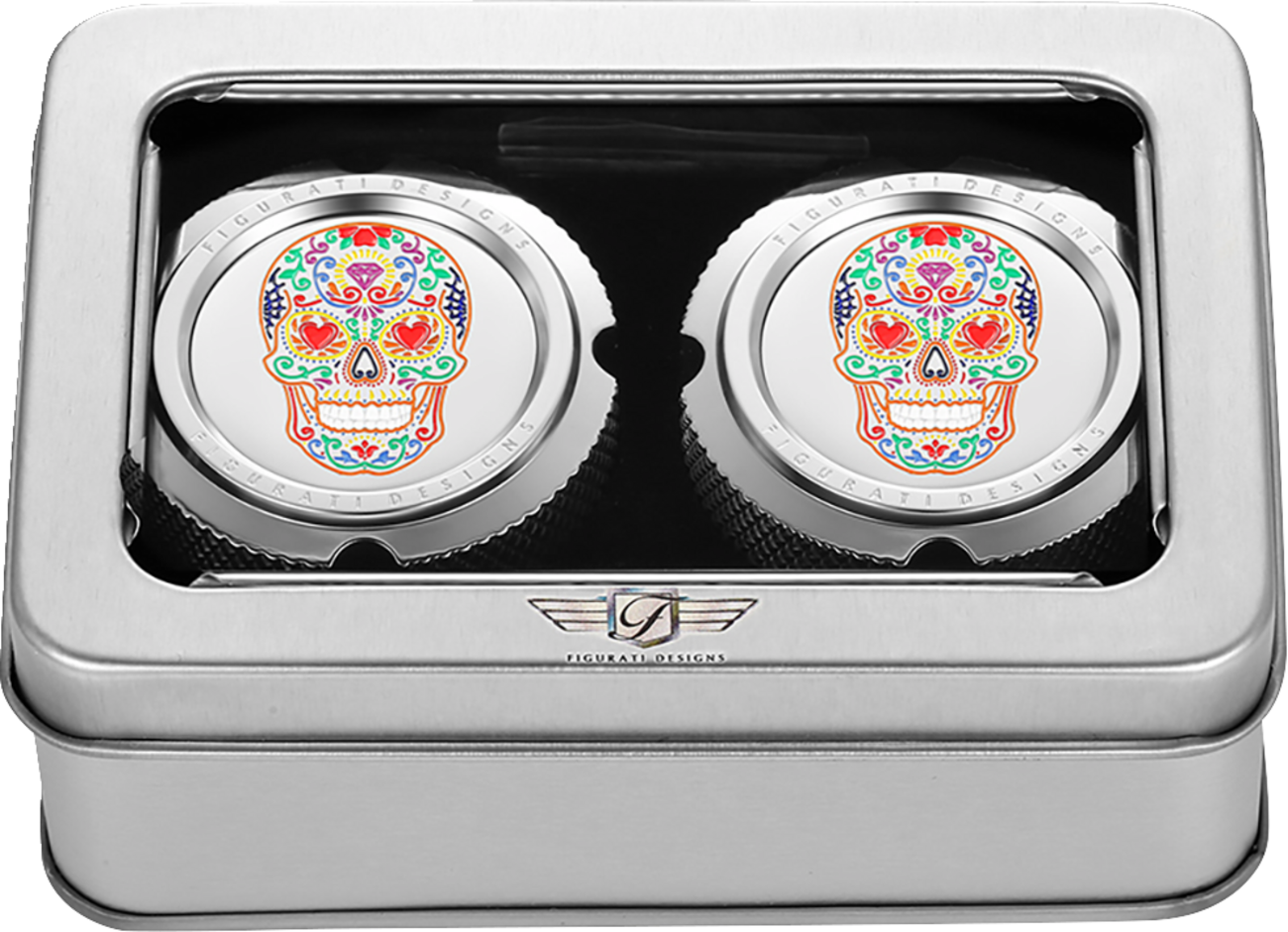 FIGURATI DESIGNS Axle Nut Cover - Front - Stainless Steel - Sugar Skull - Silver FD30-FAC-SS