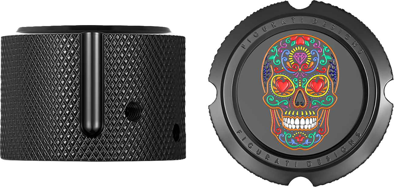 FIGURATI DESIGNS Axle Nut Cover - Front - Stainless Steel - Sugar Skull - Black FD30-FAC-BLK