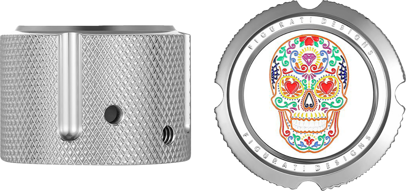 FIGURATI DESIGNS Axle Nut Cover - Front - Stainless Steel - Sugar Skull - Silver FD30-FAC-SS